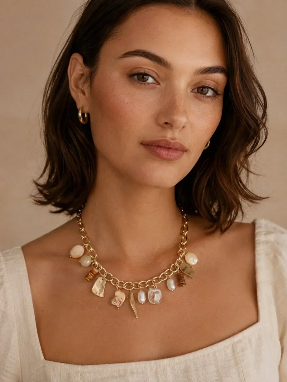 Vintage Coastal Boho Gold Chain Charm Necklace Shell Pearl Wood